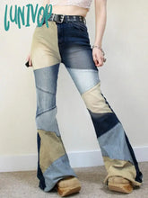 Lunivop Y2K 2000S Womens Blue Jeans Colorblock Flare Pants 90S Vintage Denim Trousers Streetwear